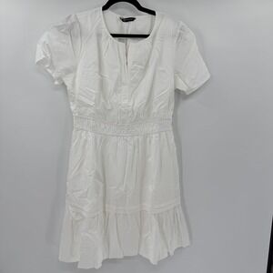 PrettyGarden Mini Cap Dress Smocked Waist Modern Women Size Large White Solid